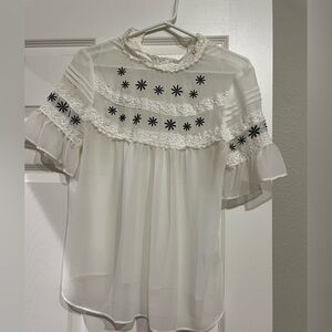 LC Lauren Conrad Sheer White Blouse with Black Floral Embroidery